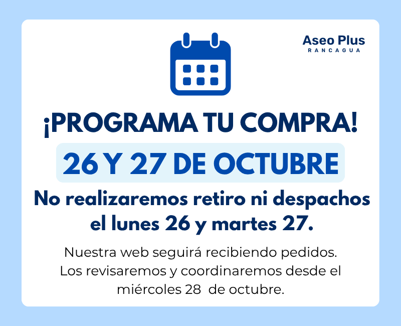Aviso: el lunes 26 y martes 27 de octubre no realizaremos retiro ni despachos. Nuestra web seguirá recibiendo pedidos, que revisaremos y coordinaremos desde el miércoles 28 de octubre.